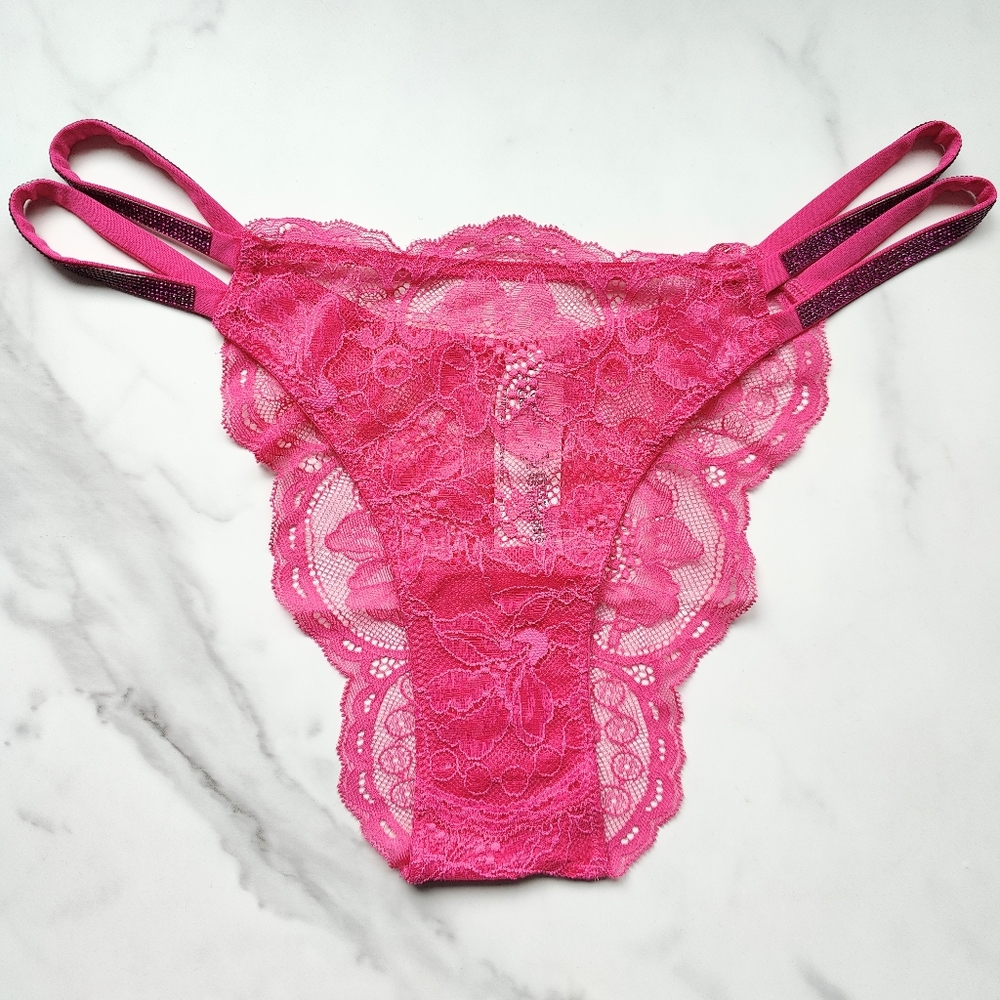 NWT VICTORIA'S SECRET VERY SEXY DOUBLE SHINE STRAP LACE BRAZILIAN PANTY IN FOREV